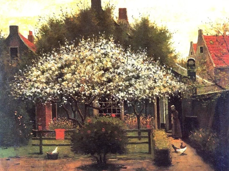 1860-Johann Eduard Karsen - Giardino con alberi da frutto in fiore